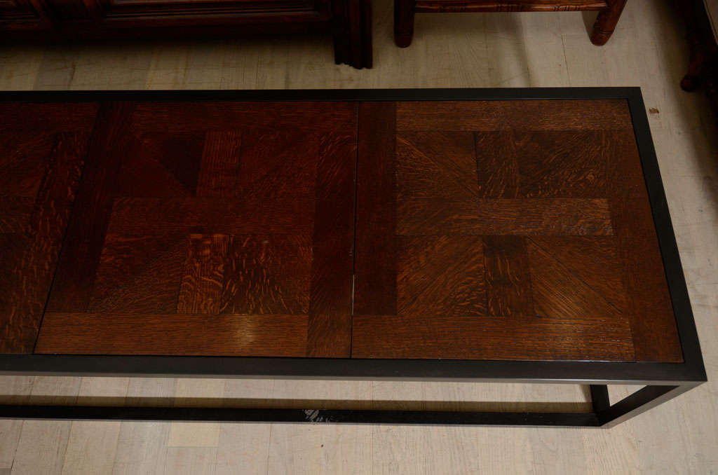 American 19th Century Oak Parquet Table Top with Contemporary Steel Base For Sale